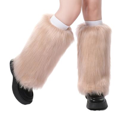 KMBANGI Women Faux Fur Leg Warmers Furry Harajuku Japanese Socks Fuzzy Long Boot Cuffs Covers Christmas Party Costume Accessory(C Khaki Solid,One Size)