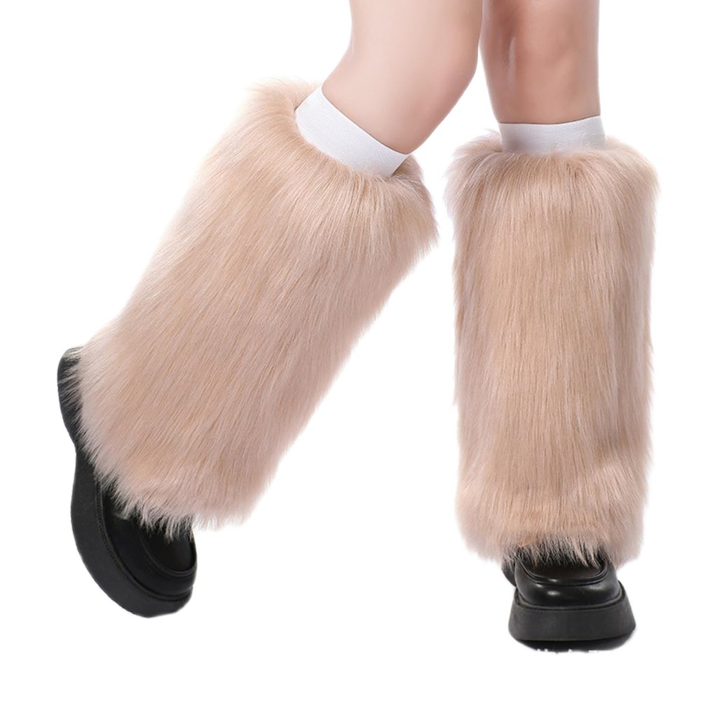 KMBANGI Women Faux Fur Leg Warmers Furry Harajuku Japanese Socks Fuzzy Long Boot Cuffs Covers Christmas Party Costume Accessory(C Khaki Solid,One Size)