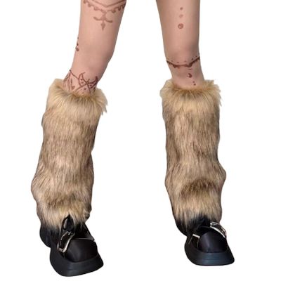 KMBANGI Women Faux Fur Leg Warmers Furry Harajuku Japanese Socks Fuzzy Long Boot Cuffs Covers Holiday Party Costume Accessory(F Coffee Brown 40cm,One Size)