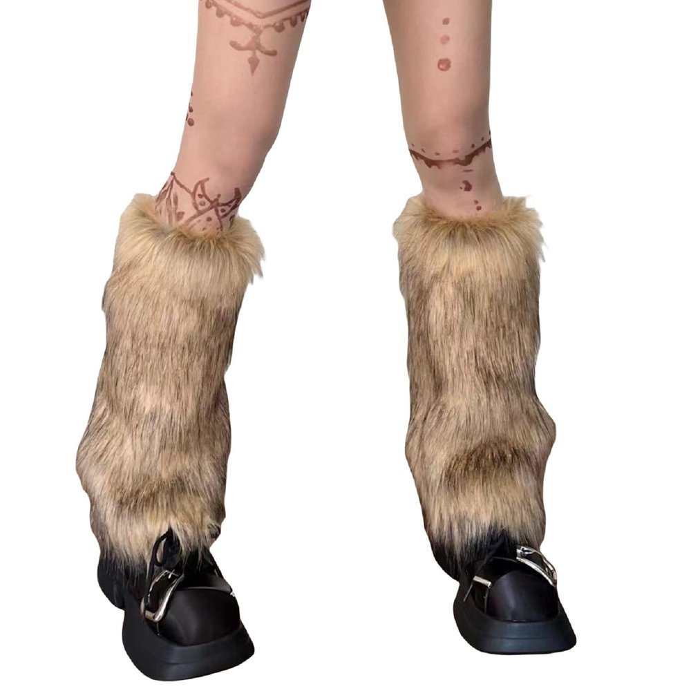 KMBANGI Women Faux Fur Leg Warmers Furry Harajuku Japanese Socks Fuzzy Long Boot Cuffs Covers Holiday Party Costume Accessory(F Coffee Brown 40cm,One Size)