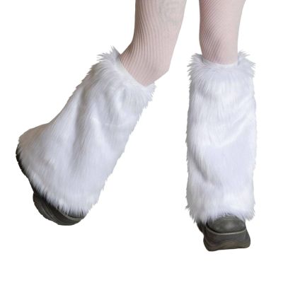 KMBANGI Women Faux Fur Leg Warmers Furry Harajuku Japanese Socks Fuzzy Long Boot Cuffs Covers Christmas Party Costume Accessory(C White Solid,One Size)