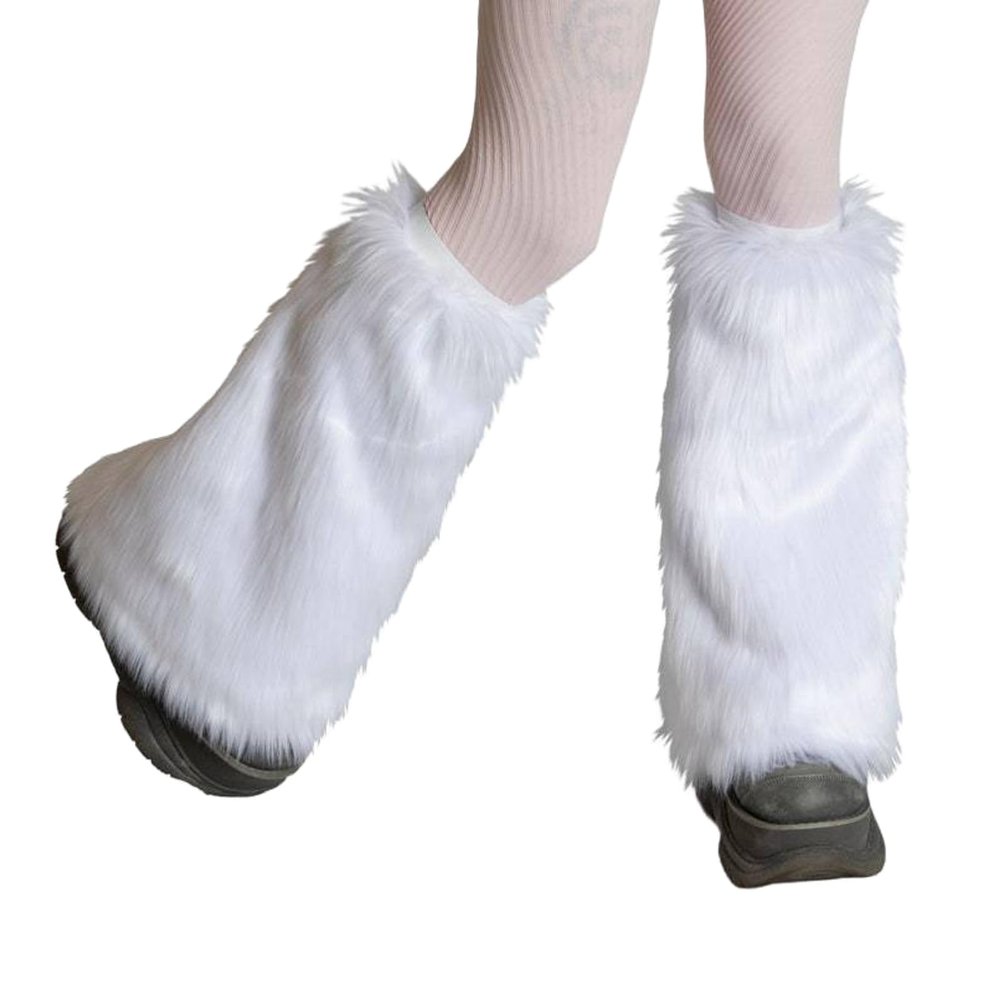 KMBANGI Women Faux Fur Leg Warmers Furry Harajuku Japanese Socks Fuzzy Long Boot Cuffs Covers Christmas Party Costume Accessory(C White Solid,One Size)