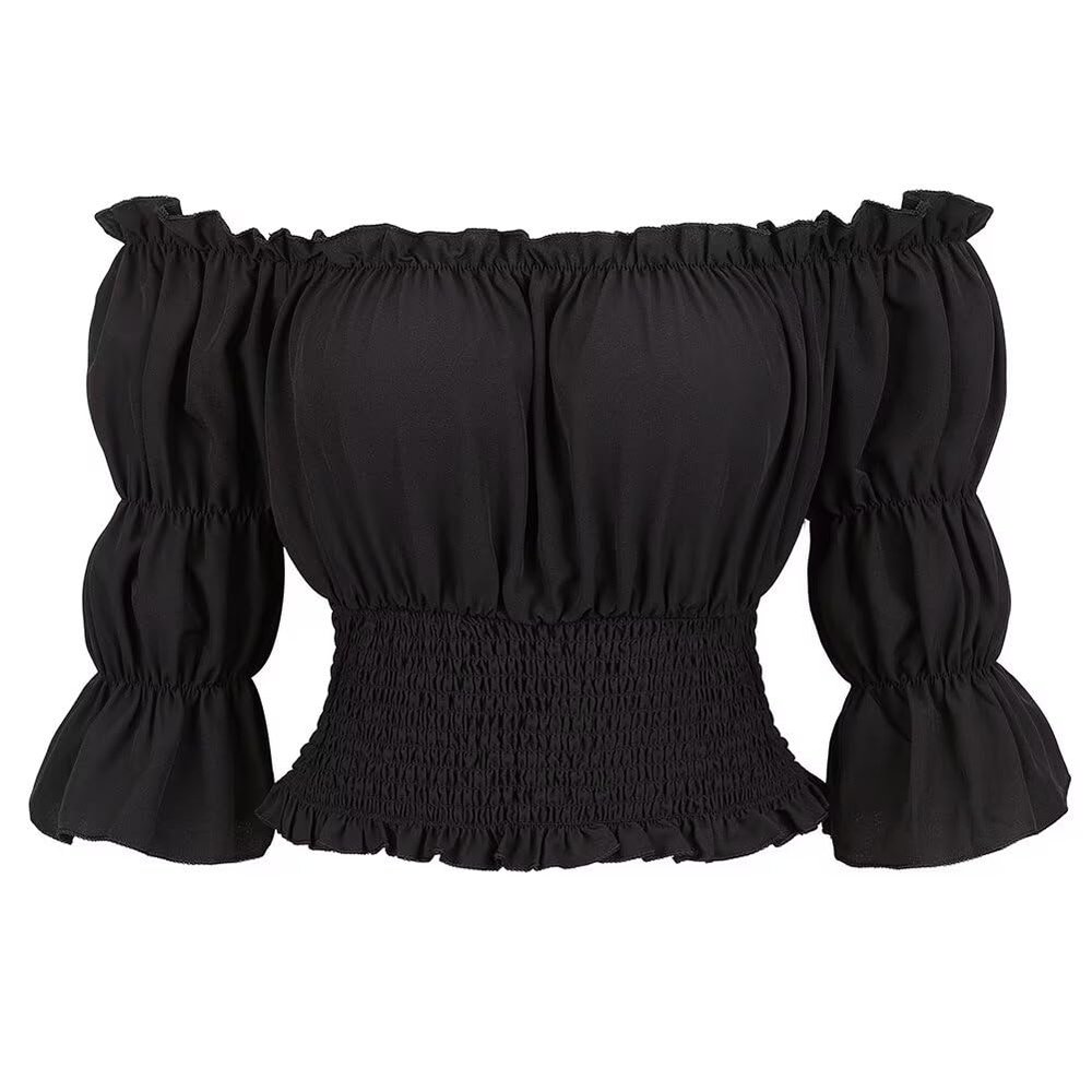 Renaissance Costume Women Blouses Off The Shoulder Short Sleeve Top Medieval Pirate Shirt Gothic Black XL