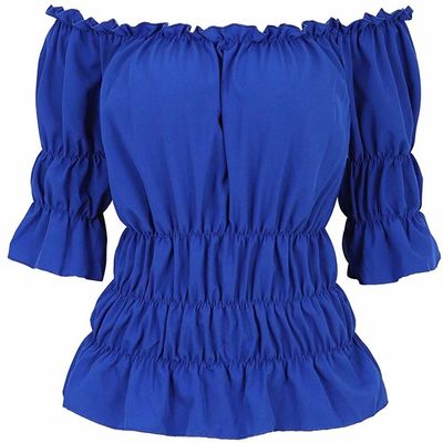 Blouses for Women Off The Shoulder Renaissance Tops Medieval Pirate Shirt Gothic Smocked Boho Short Sleeve Blue M