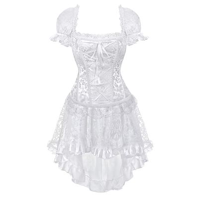 Jutrisujo Corset Strap Dress Top Skirt Set Plus Size Bustier Sleeve Outfit Lingerie Lace up Gothic Medieval Women Bride Wedding White M