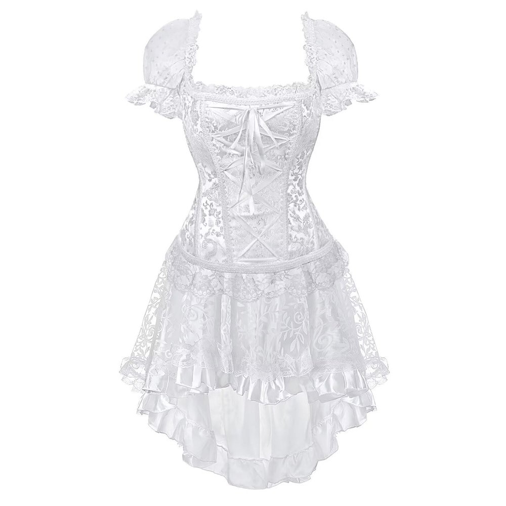 Jutrisujo Corset Strap Dress Top Skirt Set Plus Size Bustier Sleeve Outfit Lingerie Lace up Gothic Medieval Women Bride Wedding White M