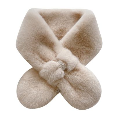 Plush Scarf Teenage Girl Cross Scarf Winter Plush Thickened Soft Artificial Fur Neck Warmer Bowknot Rhinestone Plush Collar (Color : Beige, Size : Talla nica)