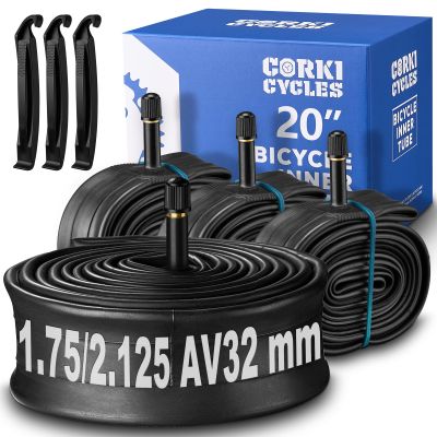 Corki Cycles 20 Inch Bike Tube 4 Pack, Fits Tire Sizes 20 x 1.75 1.85 1.86 1.9 1.95 2.0 2.1 2.125, Butyl Rubber 20 Bike Tube Replacement (Schrader Valve 32mm)