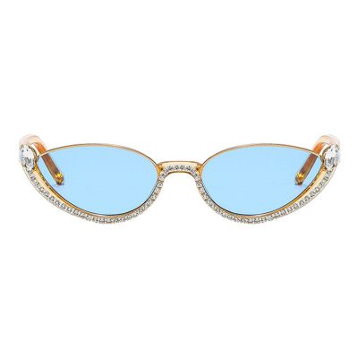 helena Fashion Small frame bling Rhinestone Cat Eye Sunglasses for Women Retro Narrow Cat-eye Diamond Sun Glasses (blue)