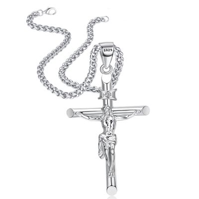Besteel Sterling Silver Crucifix Necklace for Men Women - Men's Silver Crucifix Pendant Necklace with Stainless Steel Rope Chain Catholic Baptism Jesus Cross Necklace Jewelry 16 Inches