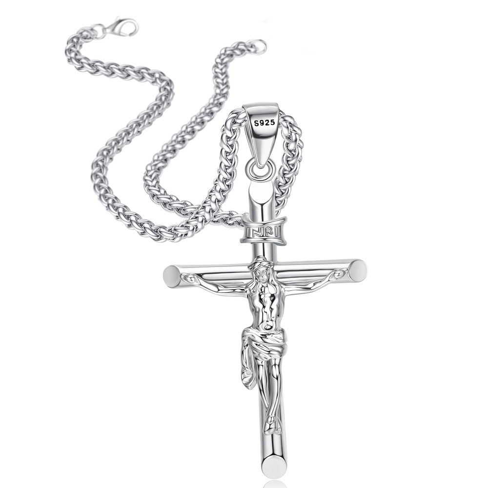Besteel Sterling Silver Crucifix Necklace for Men Women - Men's Silver Crucifix Pendant Necklace with Stainless Steel Rope Chain Catholic Baptism Jesus Cross Necklace Jewelry 16 Inches