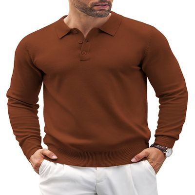 COOFANDY Mens Polo Shirts Quarter Neck Pullover Long Sleeve Knit Lightweight Sweater Brown