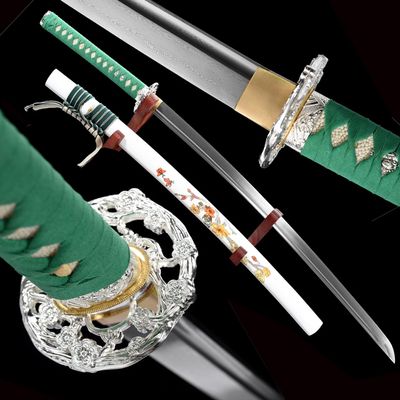 HERO SWORD-Beautiful Damascus Steel Katana Sword Handmade Flowers Theme Samurai Sword Very Sharp,Green White,Genuine Ray Skin Handle,Japanese Weapons Combat Ready