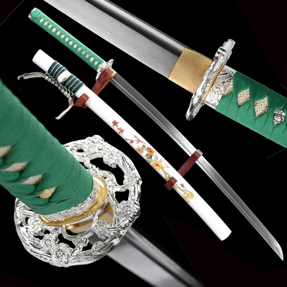 HERO SWORD-Beautiful Damascus Steel Katana Sword Handmade Flowers Theme Samurai Sword Very Sharp,Green White,Genuine Ray Skin Handle,Japanese Weapons Combat Ready