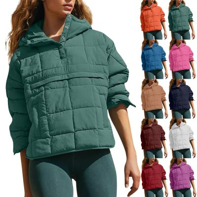 Women's Quilted Pullover Packable Puffer Jacket Long Sleeve Quarter Snap Oversized Hoodie Loose Fit Half Button Sweatshirts Winter Thicken Warm Hooded Padded Coat with Kangaroo Pocket Outerwear