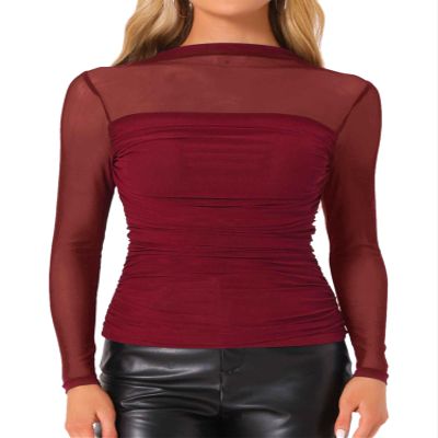 Allegra K Mesh Top Women Sheer Long Sleeve Mock Neck Slim Fit Shirts Trendy Fall Outfit Ruched Going Out Tops Medium Red