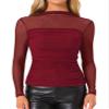 Allegra K Mesh Top Women Sheer Long Sleeve Mock Neck Slim Fit Shirts Trendy Fall Outfit Ruched Going Out Tops Medium Red view 1