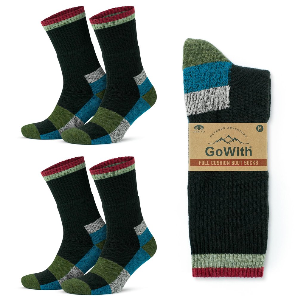 GoWith Merino Wool Full Cushion Hiking Socks for Men & Women, Thermal Warm Seamless Crew Boot Socks for Hikers, Mountaineers, 2 Pair, Black-Patrol, Medium