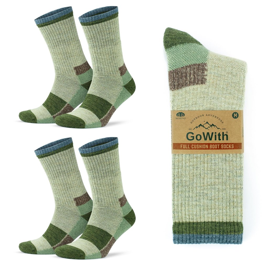 GoWith Merino Wool Full Cushion Hiking Socks for Men & Women, Seamless Crew Boot Thermal Warm Socks for Hikers, Mountaineers, 2 Pair, Beige, Small Model:3597