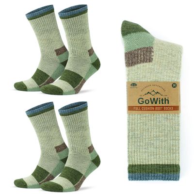 GoWith Merino Wool Full Cushion Hiking Socks for Men & Women, Thermal Warm Seamless Crew Boot Socks for Hikers, Mountaineers, 2 Pair, Beige, Large