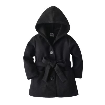 Baby Kids Girls Wool Blend Coat Winter Lapel Button Warm Hooded Jackets Trench Coat Outwear with (Black, 12-18 Months)