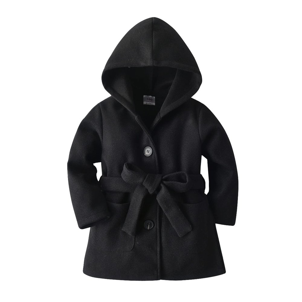 Baby Kids Girls Wool Blend Coat Winter Lapel Button Warm Hooded Jackets Trench Coat Outwear with (Black, 12-18 Months)