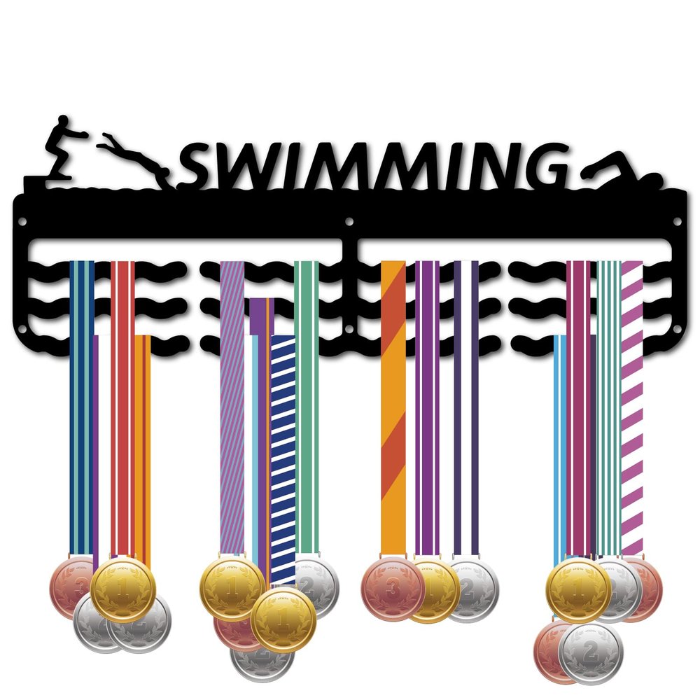 CREATCABIN Swimming Medal Holder Hanger 60+ Medals Rack Medal Holder Black Metal Iron Shelf Hanger Organizer Medal Stand Frame 3 Wave Lines Wall Mounted Hanging for Medalist 6x15.7Inch