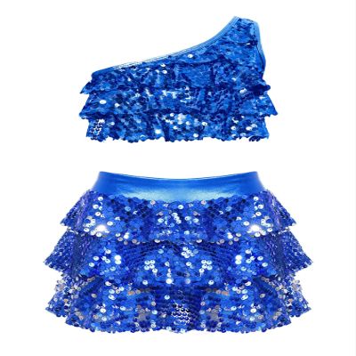 JEATHA Girls Shiny Sequins Halter Tassel Crop Top with Mini Skirt Latin Jazz Salsa Samba Rumba Dance Costume Royal Blue A 14 Years