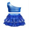 JEATHA Girls Shiny Sequins Halter Tassel Crop Top with Mini Skirt Latin Jazz Salsa Samba Rumba Dance Costume Royal Blue A 14 Years view 2