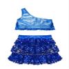 JEATHA Girls Shiny Sequins Halter Tassel Crop Top with Mini Skirt Latin Jazz Salsa Samba Rumba Dance Costume Royal Blue A 14 Years view 4