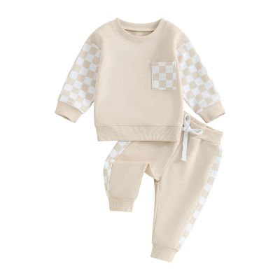 Shejingb Toddler Baby Boy Fall Winter Clothes Color Block Long Sleeve Sweatshirt Top Hippie Jogger Pants Set Casual Outfits (Apricot, 18-24 Months)