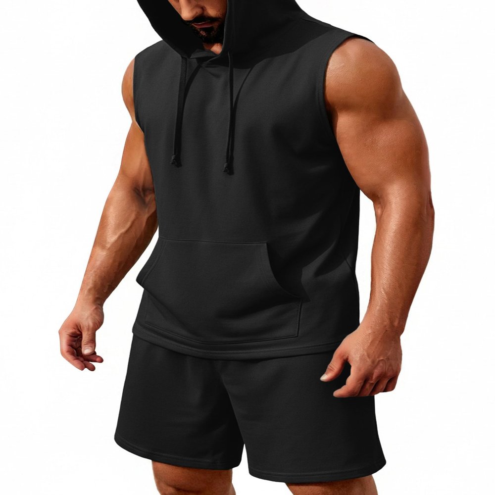COOFANDY Sleeveless Workout Shirt Hoodie Sets for Men 2 Piece Shorts Summer Sweat Suits Black