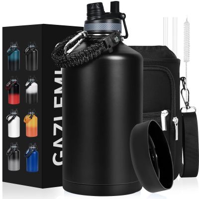 GAZLEMHO 1 Gallon Water Bottle Insulated, Leak Proof 128 oz Stainless Steel Water Jug with Straw/Spout 2-in-1 Lid, Sleeve, Paracord Handle, Silicone Boot, One Gal Metal Canteen for Gym Sports Camping