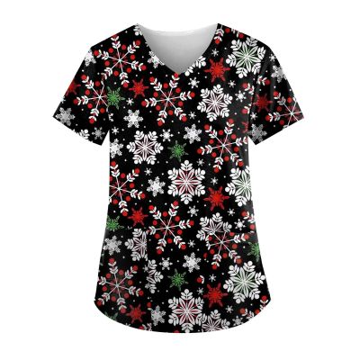 Christmas Scrub Tops for Women Christmas Scrubs for Women Tops Xmas Print Women Stretchy V Neck Holiday T Shirt Working Uniform