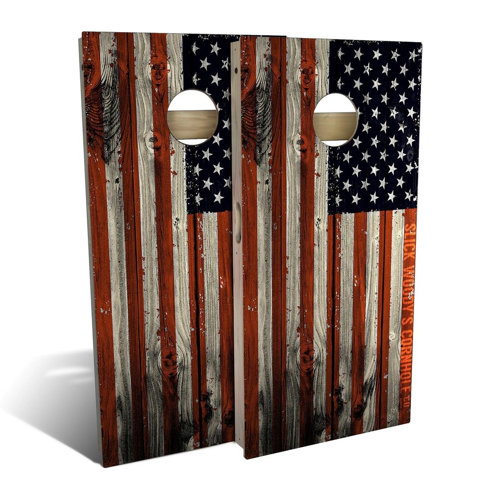 Skip's Garage American Flag Distressed Cornhole Set - Backyard 2x4 (Weather Bags) - Include Case + Edge Lights
