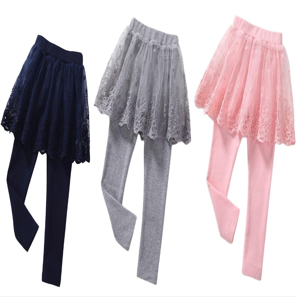 BGMINGYI Baby Girls Footless Leggins with Tutu Ruffle Lace Flower Skirt Toddler Cotton Pantskirt(US, Age, 2 Years, 3 Years, 3 Colors-Lace)