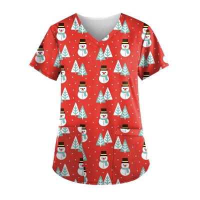 Christmas Plus Size Scrub Tops for Women - Cute Xmas Print Holiday Medical Shirt - Nurse Workwear Uniform