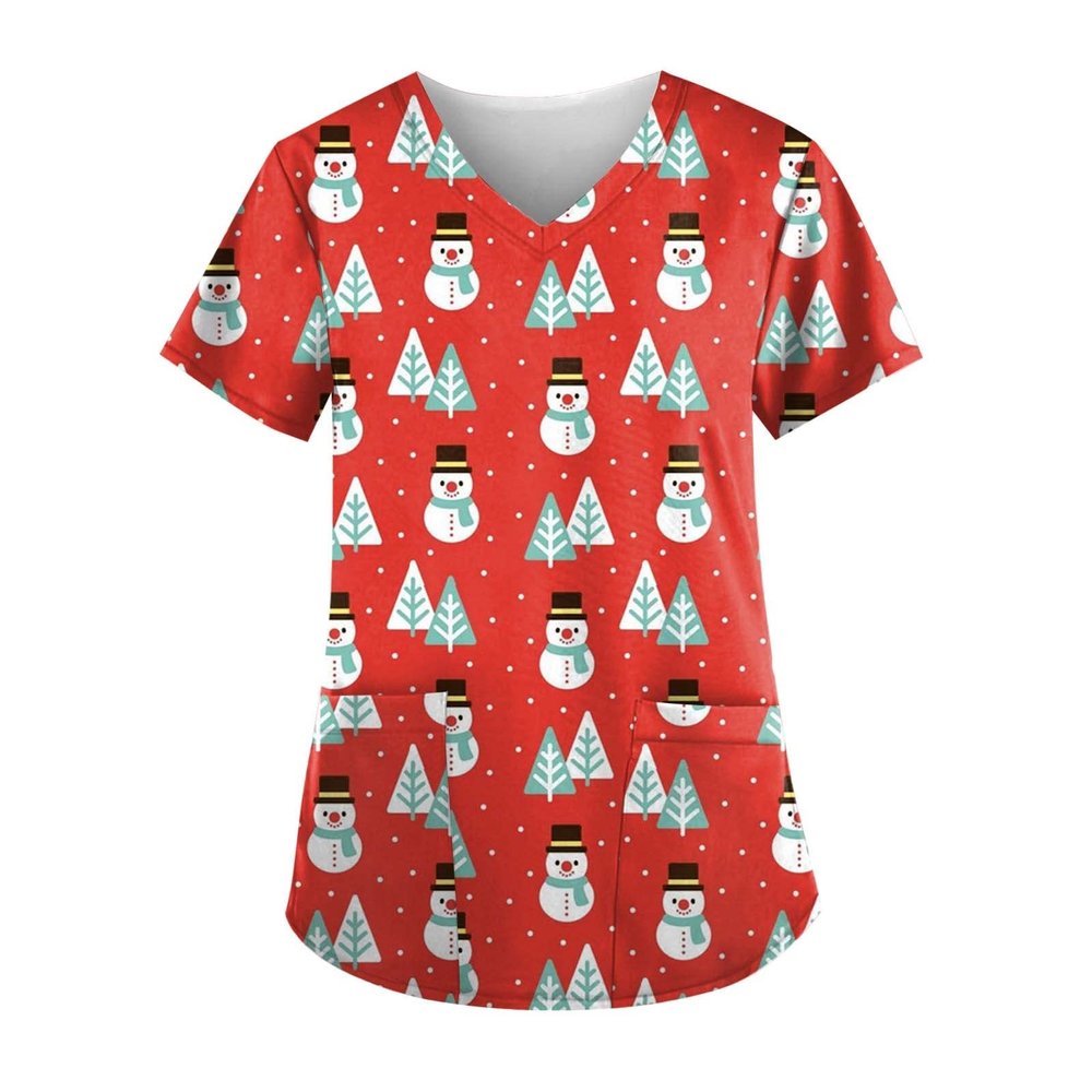 Christmas Plus Size Scrub Tops for Women - Cute Xmas Print Holiday Medical Shirt - Nurse Workwear Uniform