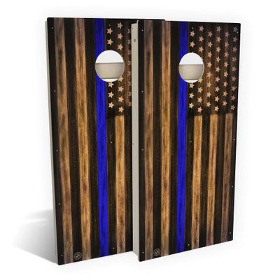 Skip's Garage Charred Police USA Thin Blue Line Cornhole Set - Backyard 2x4 (Corn Bags) - Include Carry Case