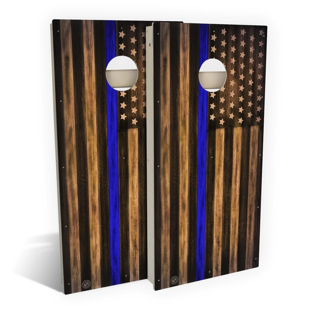 Skip's Garage Charred Police USA Thin Blue Line Cornhole Set - Backyard 2x4 (Corn Bags) - Include Carry Case