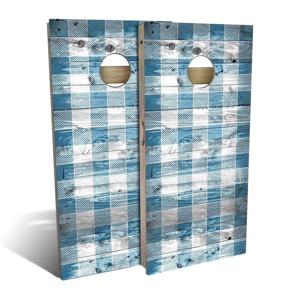 Skip's Garage Blue Checkered Cornhole Set - Premium 2x4 (Corn Bags) - Include Edge Lights