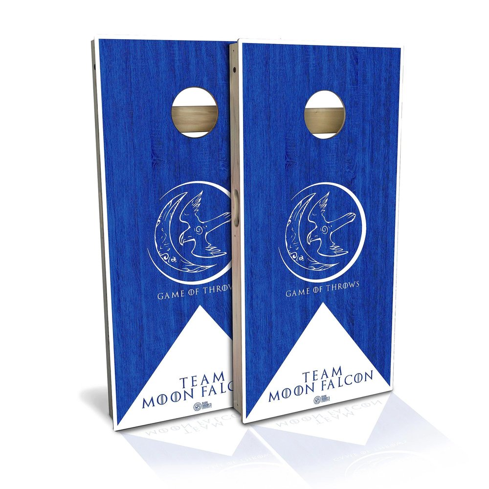 Skip's Garage Game of Throws Team Moon Falcon Cornhole Set - Backyard 2x4 (Weather Bags) - Include Case + Hole Lights