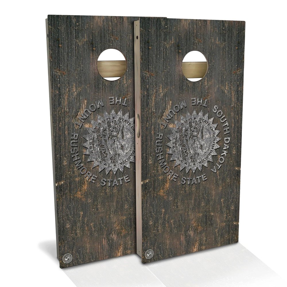 Skip's Garage South Dakota Flag Rustic Cornhole Set - Premium 2x4 (Corn Bags) - Include Case + Hole Lights