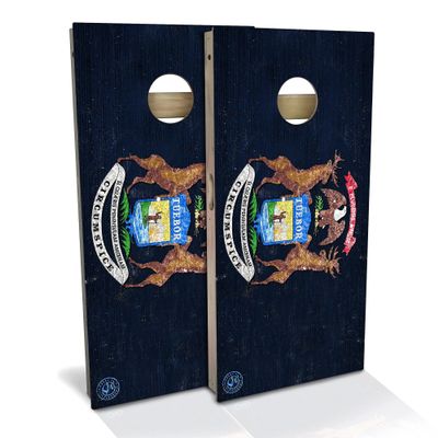Skip's Garage Michigan Flag Cornhole Set - Backyard 2x4 (Corn Bags) - Include Carry Case
