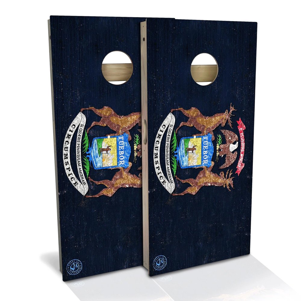Skip's Garage Michigan Flag Cornhole Set - Backyard 2x4 (Corn Bags) - Include Carry Case