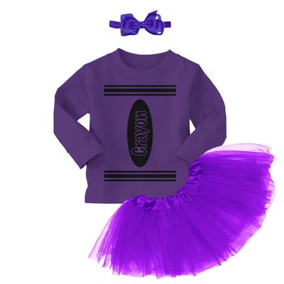 Crayon Costume - Arts and Crafts Long Sleeve Toddler T-Shirt + Tutu Skirt + Bow Headband Set (Long Sleeve Purple T-Shirt/Purple Tutu, 2T)