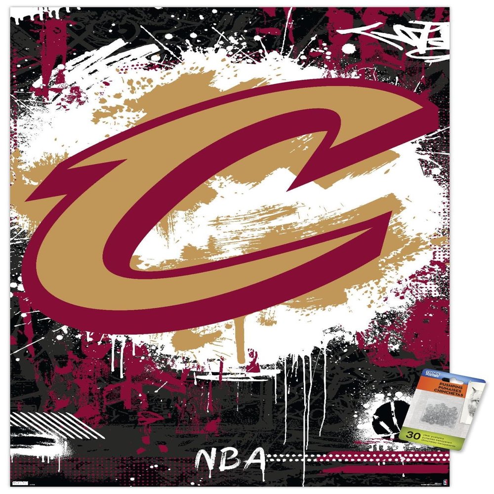 Trends International NBA Cleveland Cavaliers - Maximalist Logo 23 Wall Poster, 22.37" x 34.00", Poster & Push Pin Bundle