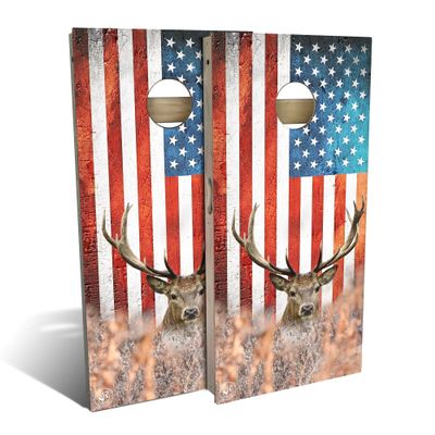 Skip's Garage American Flag Deer Cornhole Set - Backyard 2x4 (Weather Bags) - Include Case + Hole Lights