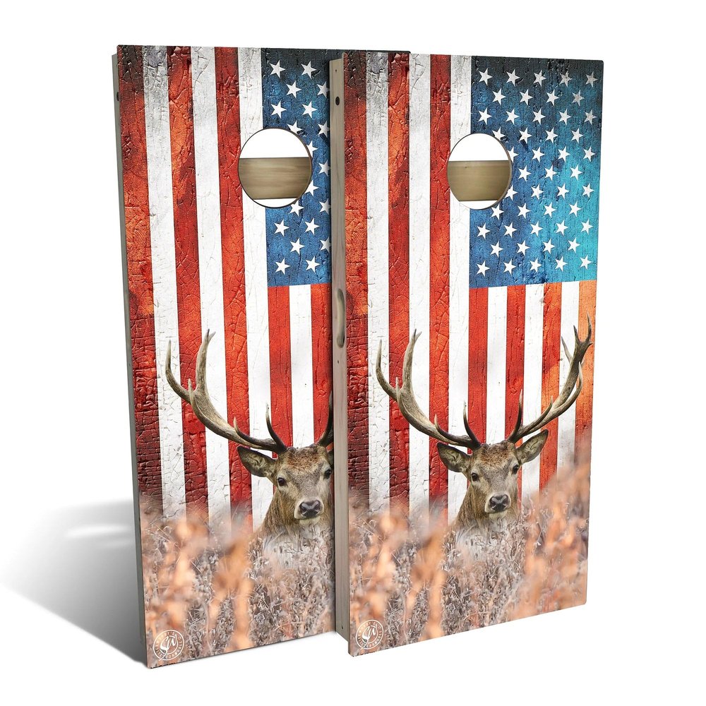 Skip's Garage American Flag Deer Cornhole Set - Backyard 2x4 (Weather Bags) - Include Case + Hole Lights