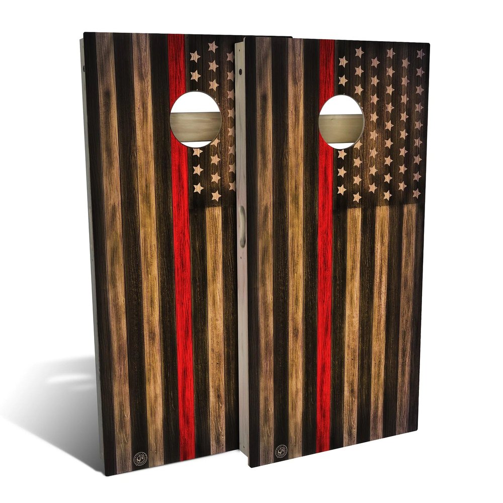 Skip's Garage Charred Firefighter USA Thin Red Line Cornhole Set - Backyard 2x4 (Corn Bags) - Include Edge Lights